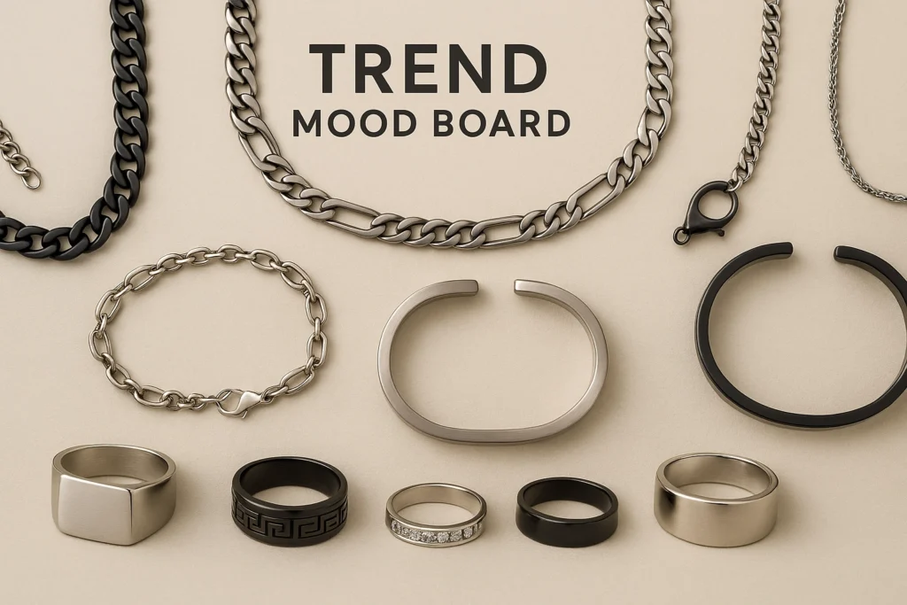 Flat lay of men’s fashion jewelry including chains, cuffs, and rings in stainless steel and black finishes.